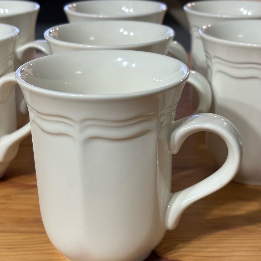 Mikasa French Countryside coffee cups. Scallop design. White. Set of 7.